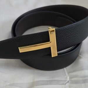 Tom Ford Black Leather Belt with Gold Accent
